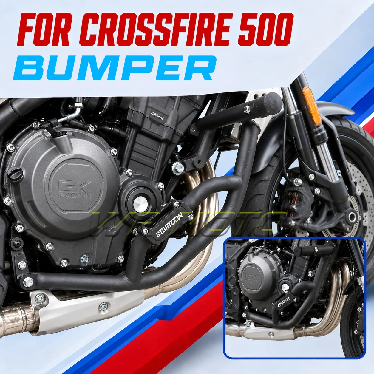 Modified thickened crash bars, engine guard plates, frame sliders, and drop protectors for CROSSFIRE 500 motorcycles.