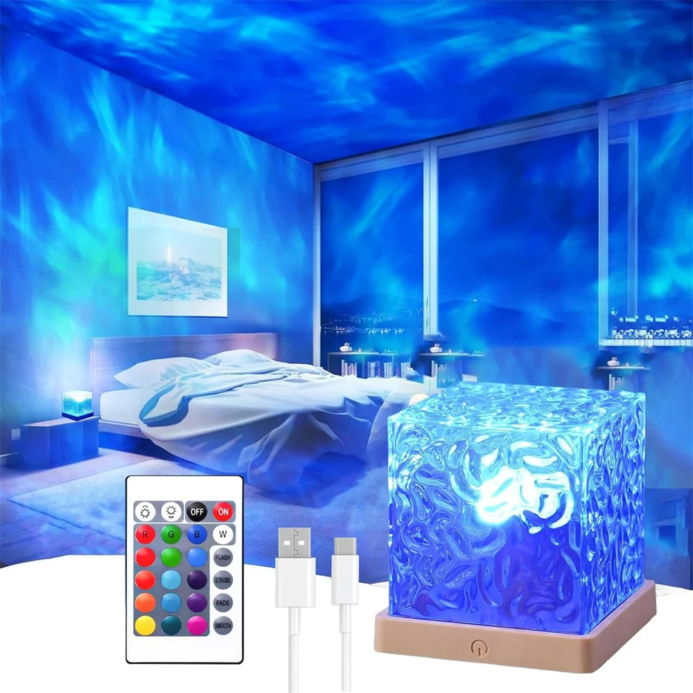 

USB Ocean Wave Projector Light RGB 16 Colors Cube Night Lamp& Remote Home Decoration for Living Room,Bedroom,Hotel