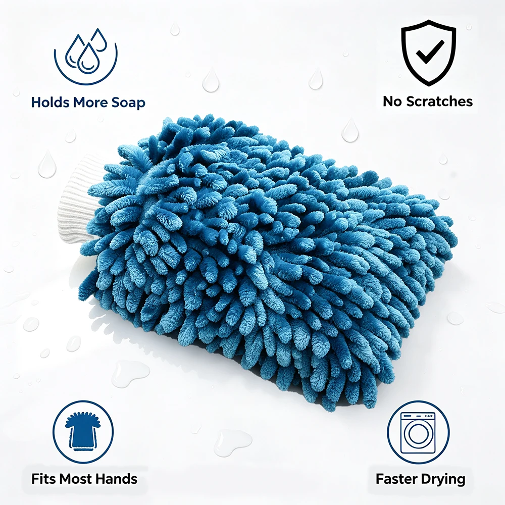 XL Double Sided Chenille Car Wash Mitt Bright Fluorescent Thick Nubby Microfiber Cleaning Glove Scratch Free for Auto Detailing