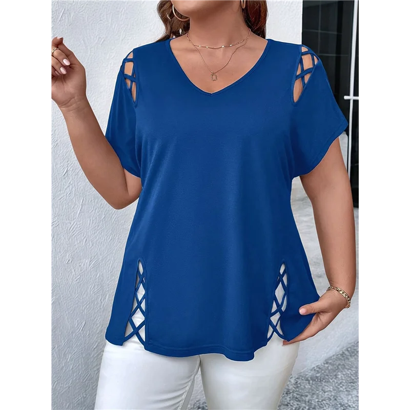 CYL-Tops túnica femininos de manga curta cortados com decote em V elegantes casuais soltos tops longos