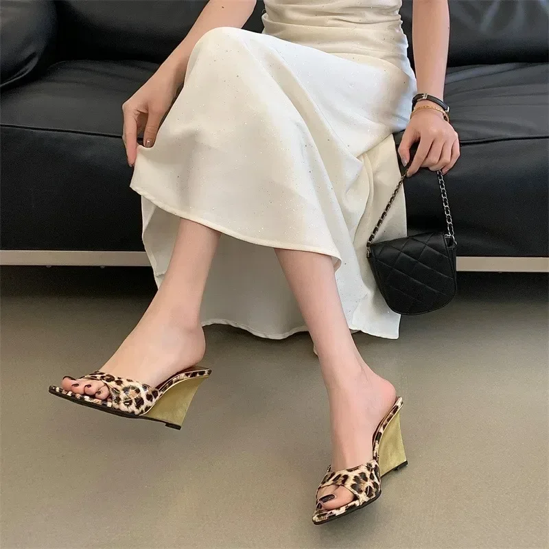 

Women's Leopard Print Patent Leather Square Open Toe Single Strap Slide Mule Wedge Heel Sandals, Summer Daily Footwear,Fast Ship