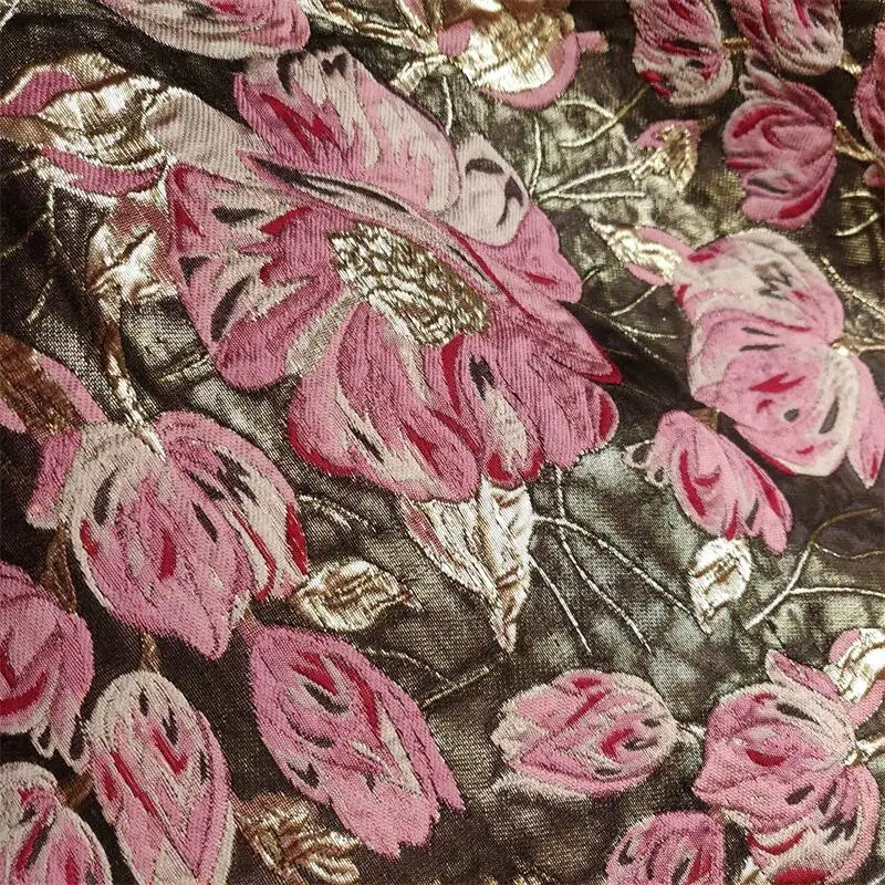 Tecido Jacquard com fios tingidos, vestido elegante, tecido para bolsas e sapatos, estilo jardim retrô, floral dourado e rosa, largura de 145cm