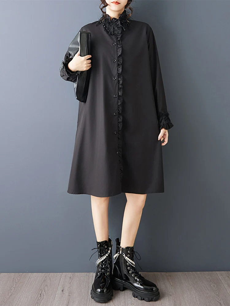 Oversized Black Vintage Shirt Dresses For Women Stand Collar Long Sleeve Loose Casual Dress Elegant Clothing Spring Autumn 2025