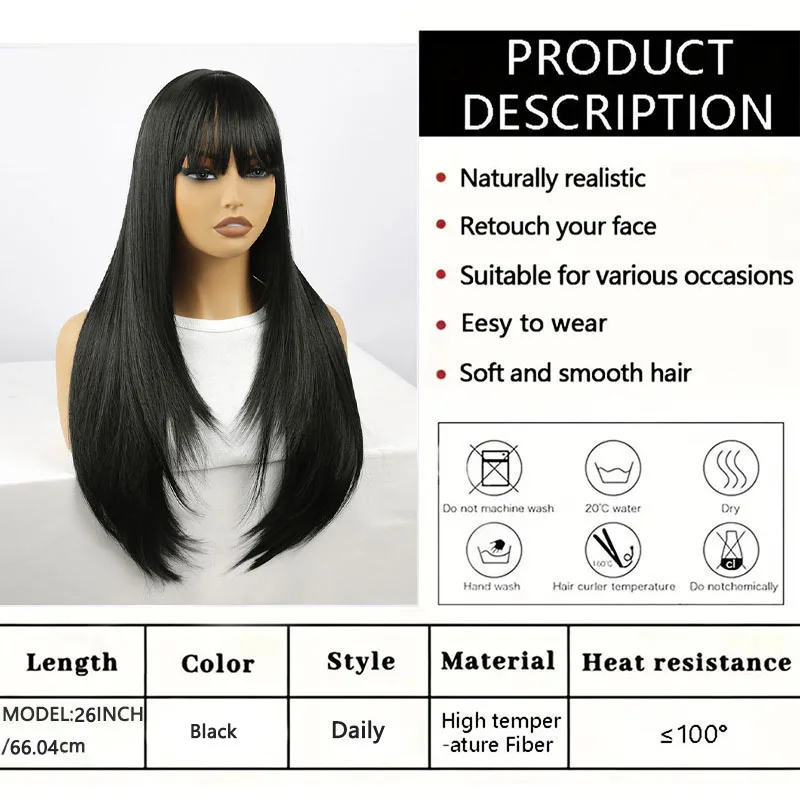 باروكة سوداء متوسطة إلى طويلة مستقيمة مع غرة، مصنوعة من ألياف صناعية مقاس 26 بوصة، مثالية للعب الأدوار، والهالوين، والحفلات، وما إلى ذلك