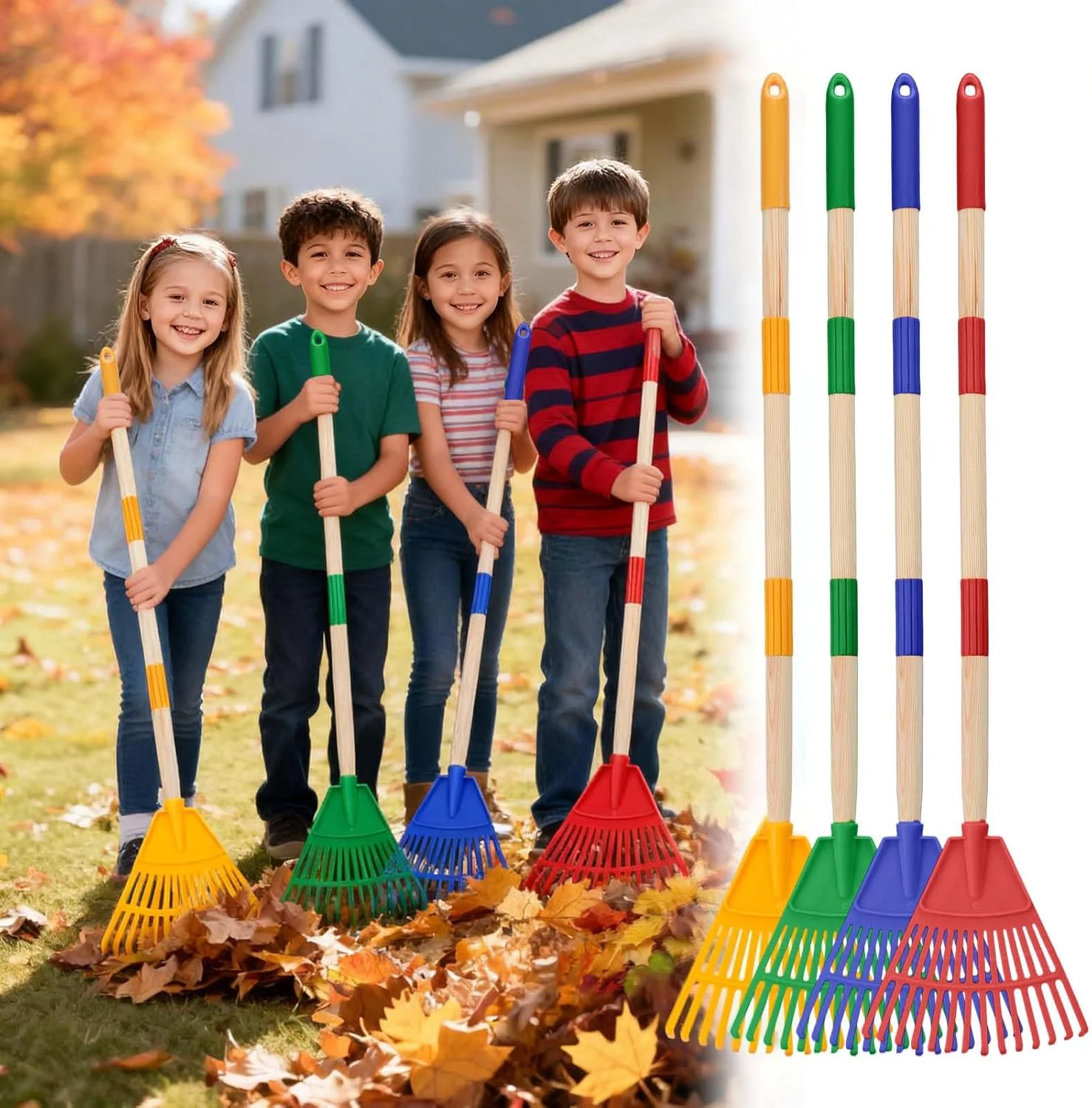 Garden rake agricultural sweep leaves gather grass trowel wooden handle children's performance nine-tooth rake household agricul