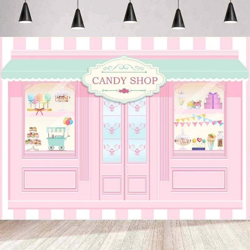 

Candy Shop Photography Backdrop Girls Pink Candyland Sweet Lollipop Shoppe Background Birthday Party Backdrop Wall Banner Poster