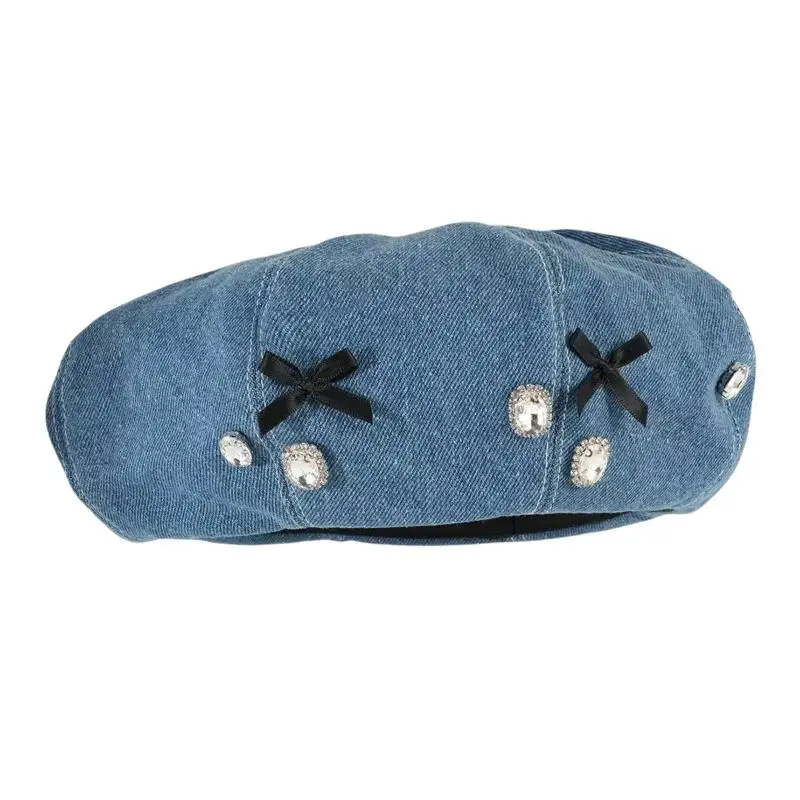 Gewaschene Denim-Achteckkappen in Unifarben mit Schleifendekoration, Damen-Baskenmützen für den Alltag, mit Strasssteinen verzierte Künstlermütze – Detail 8
