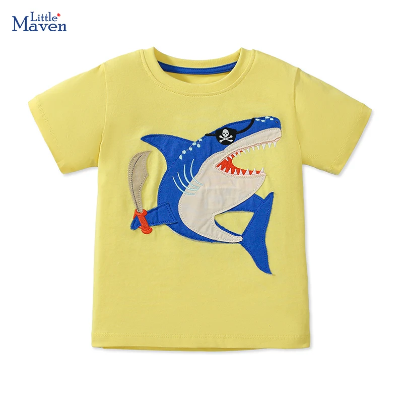 Little maven Kids Clothes 2025 New Summer Baby Boys Cotton Sporty Tops Tees Children's Clothing Cartoon Shark Applique T-shirts