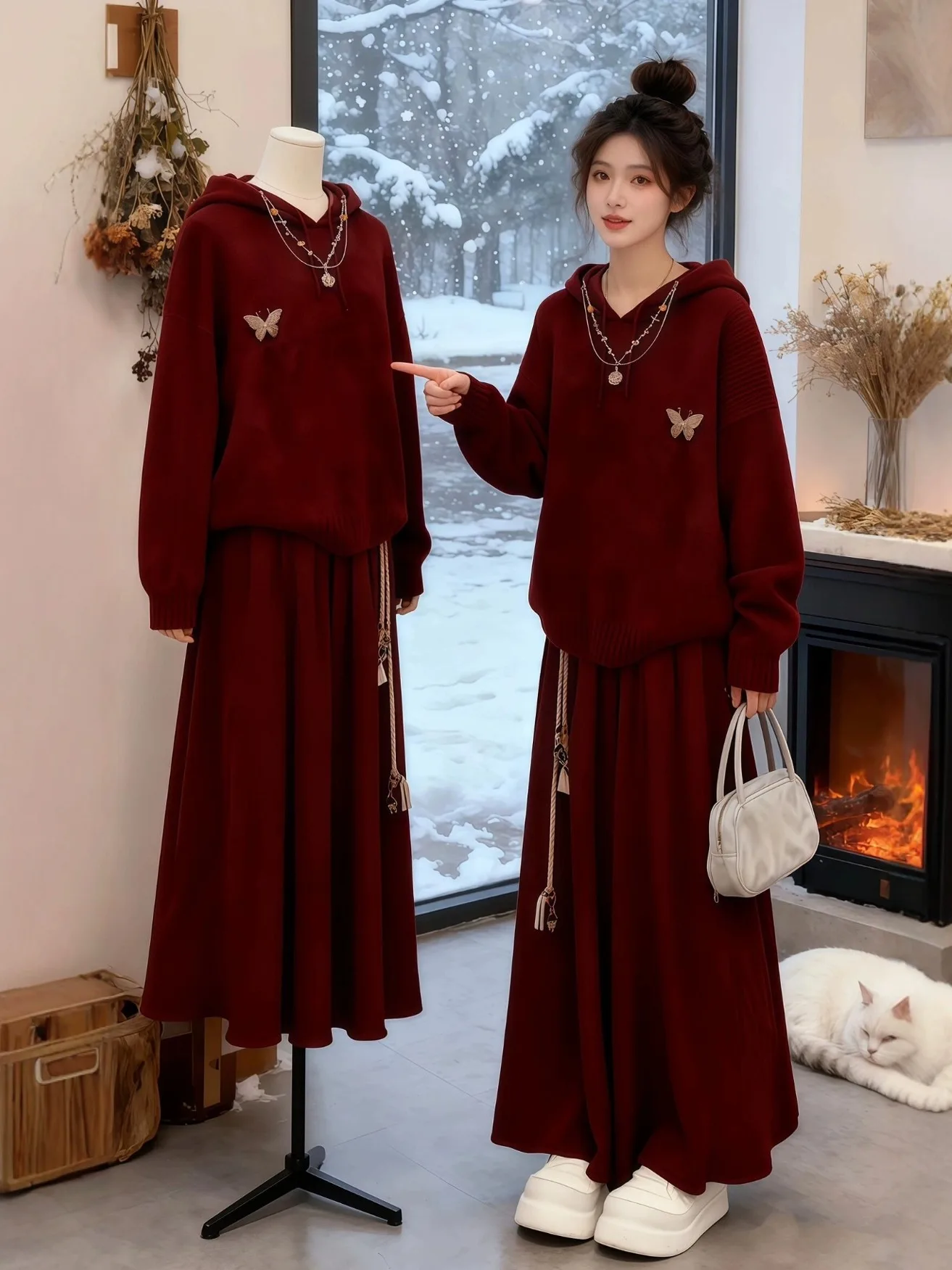 

Зимний теплый вязаный комплект для женщин: винно-красный свитер с капюшоном и юбка. Уникальный, красивый, повседневный модный ансамбль для больших размеров.