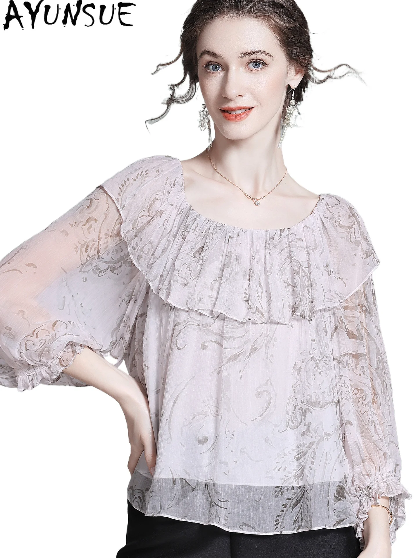 AYUNSUE 100% Mulberry Real Silk Blouse Women Summer Clothes Elegant Womens T-shirts Fashion Slash Neck New Style Блузка Женская