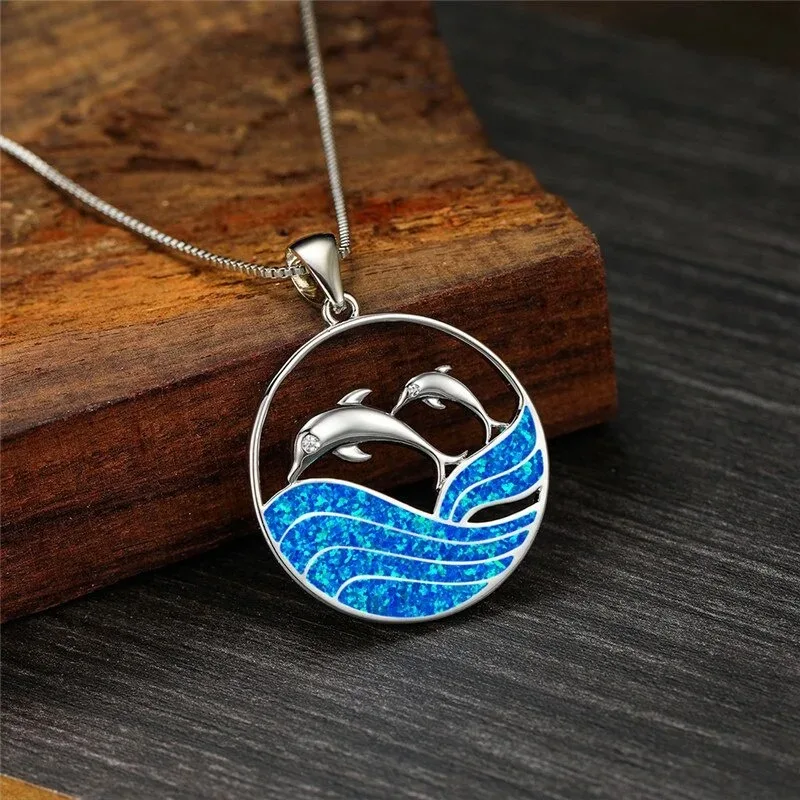 Boho Cute Sea Dolphin Pendant Necklace for Girl Statement Women Accessories Fashion Imitation Blue Opal Necklace Jewelry Gifts