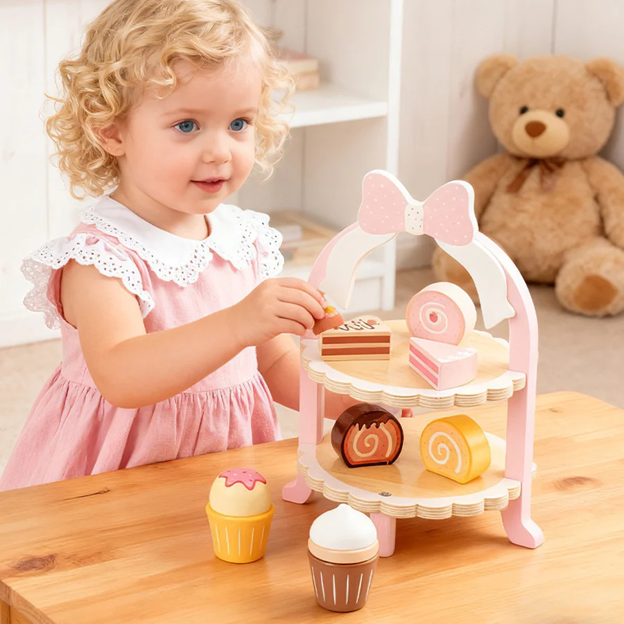 Kinderen Fantasiespel Houten Roze Dessert Taartrek Set Keuken Voedsel Spel Leren Educatief Montessori Speelgoed voor Kinderen Cadeau
