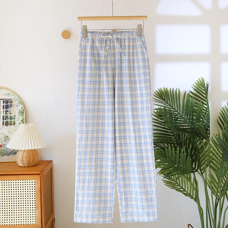 Calças de pijama de algodão puro para dormir roupa de dormir mulher quarto wear primavera verão novas calças xadrez soltas calças de pijama