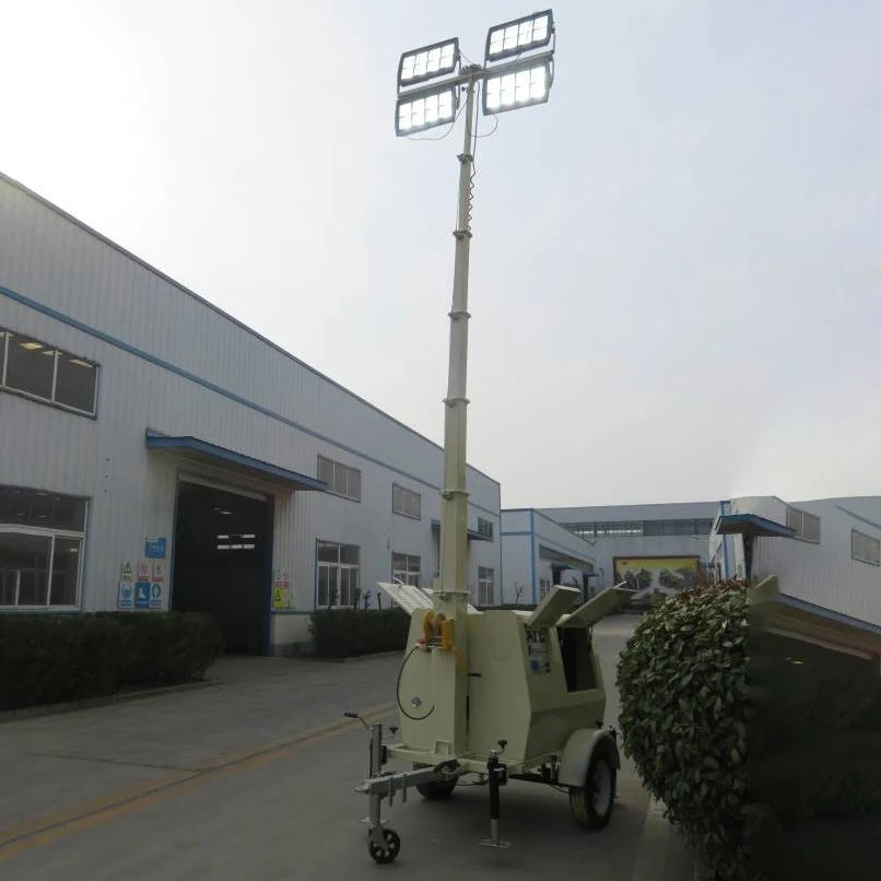 9 Meter Hydraulic Lifting Mast Light Tower Trailer Mounted Lighting Station High Intensity LED/Metal Halide Construction Light