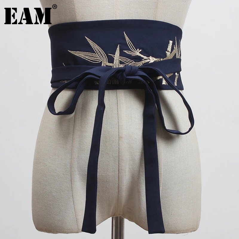 [EAM]  Black Embroidery Bandage Split Long Wide Belt Personality Women New Fashion Tide All-match Spring Autumn 2025 1Y820