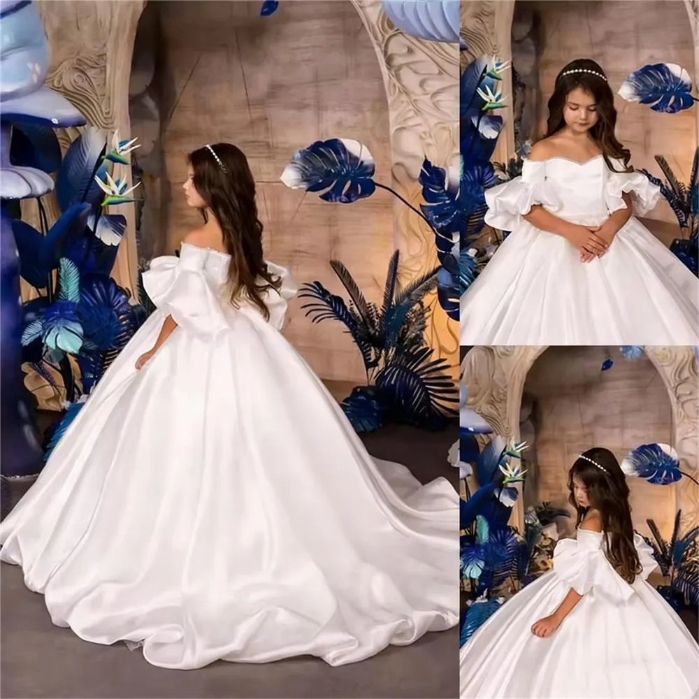 

Elegant Off Shoulder Flower Girl Dress for Wedding Kids Puff Sleeve Birthday Party Pageant Dress vestidos de comunión Customized