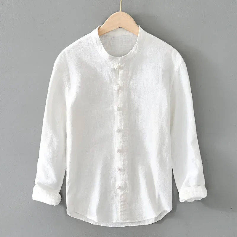 Chinese Vintage Shirts Breathable Top Cotton Linen Shirt Men Stand Collar Oriental Buckle Long Sleeve Shirt Tradition Clothing