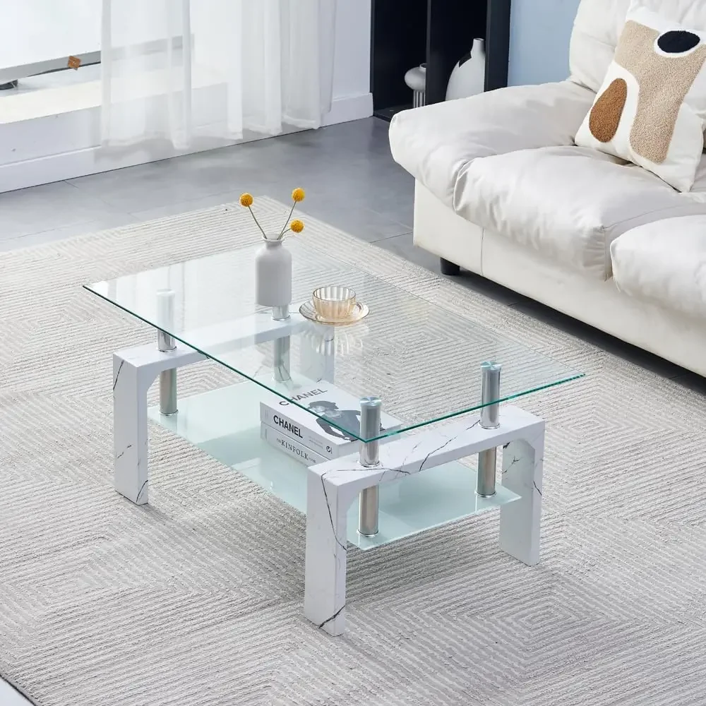 

Living Room Rectangle Coffee Table, Modern Side Coffee Table with Wooden Leg, Glass Tabletop with Lower Shelf