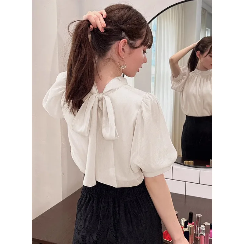 اليابانية جيراي كي جودة عالية مزاجه أنيقة قصيرة الأكمام القوس فقاعة كم الدانتيل يصل قميص لوليتا حفلة الهالوين تأثيري