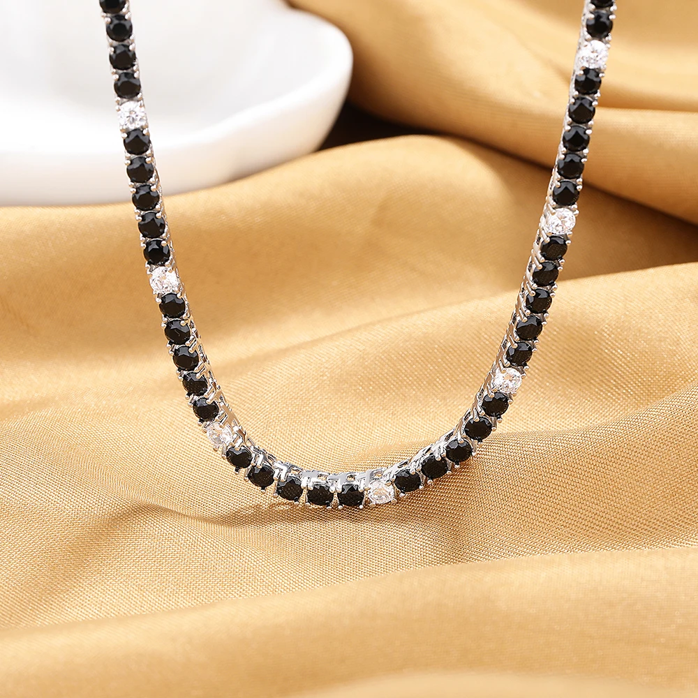 16/18 Inch (41/45 cm) Real 925 Sterling Silver Tennis Chain Necklace 3 mm wide 5pc Black Mix 1pc White Cubic Zircon Fine Jewelry