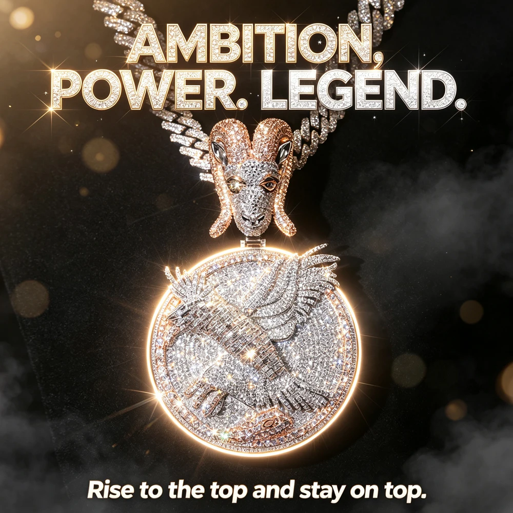 Hip Hop Necklace Pendant Cuban Chain Accessories Iced Out Goat Ram Eagle Round Design 18K Gold Plated Cubic Zirconia Bling Rapper Jewelry Amulet Nightclub Birthday Gift Power Ambition Top Status Male Fashion Accessory Sparkly Full Diamond Charm