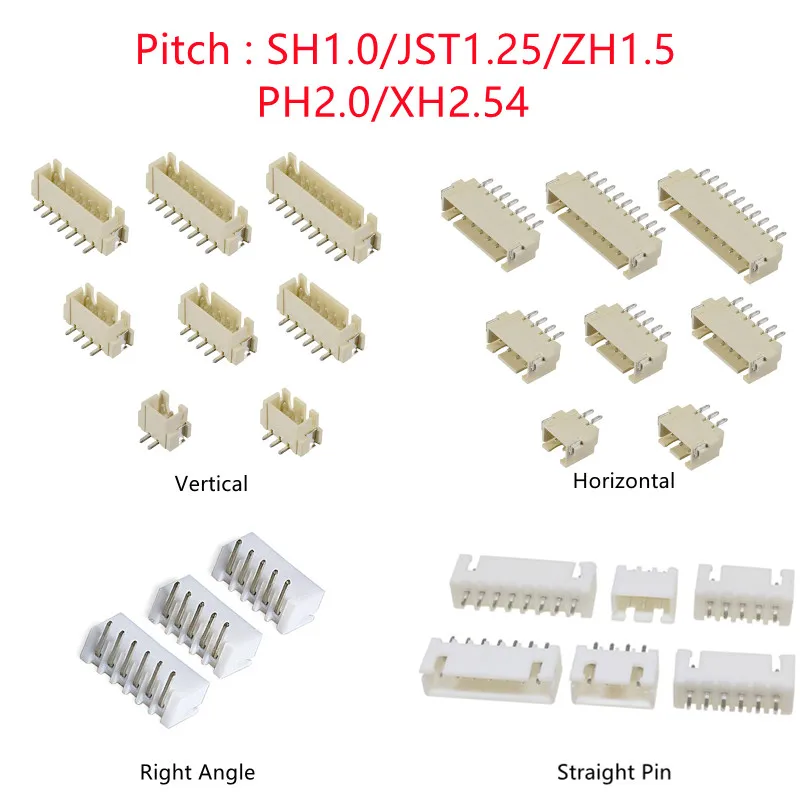 수핀 헤더 소켓 딥 직각 SMD, SH, JST, ZH, PH, XH 피치, 1.0mm, 1.25mm, 2.0mm, 2.54mm, 2, 3, 4, 5, 6, 7, 10 개 핀, 8, 9, 10, 12P