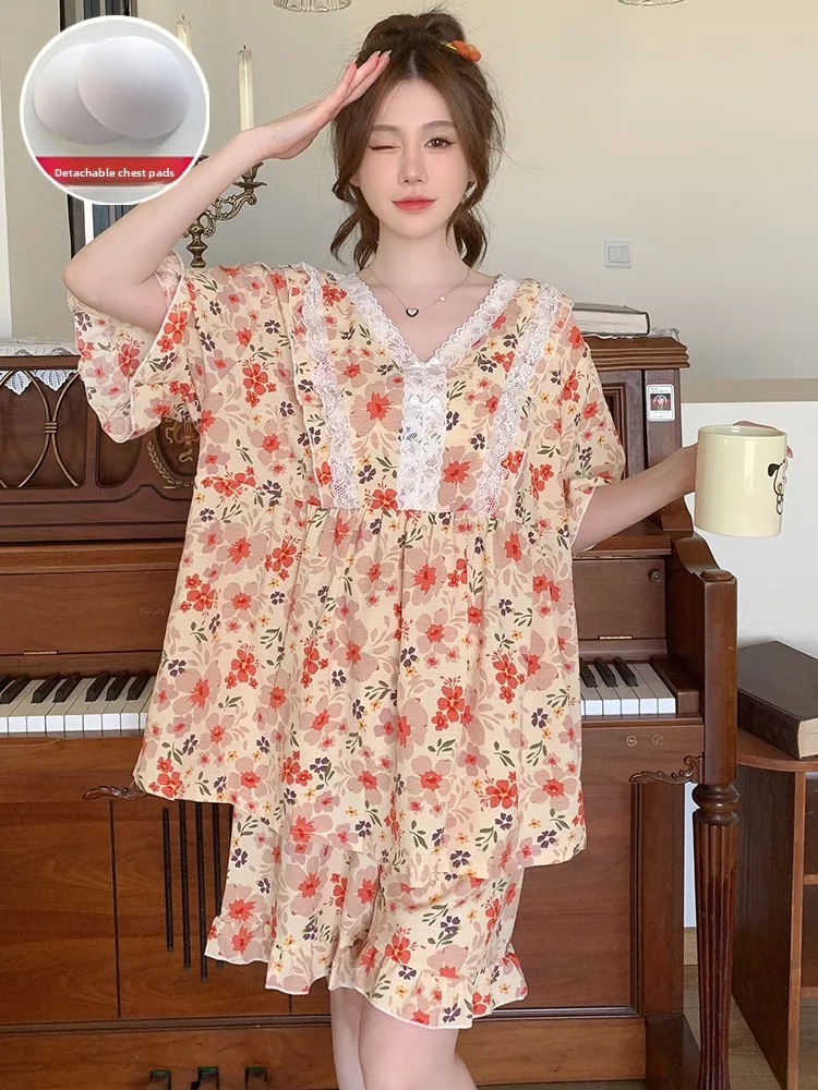 Pure Cotton Women's Sleepwear with Chest Pad Summer Sweet Floral Print plus Size Home Clothes Set Short Sleeve V-Neck Pullover