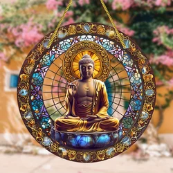 Tathagata Buddha Colored Window Hanging Light Catcher,Round Acrylic Sign,For All Season,Home,Garden Courtyard Room Decoration