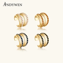 ANDYWEN 925 Sterling Silver Gold Blue Zircon Black Gems Non Piercing Clips Rock Puck Luxury Fashion Fine Jewelry Cuffs Ohrringe