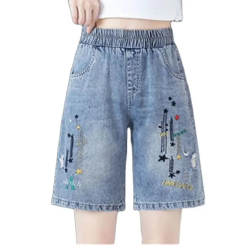 

Denim five points shorts women summer thin section 2022 new elastic high waist retro embroidery straight 5 points hot pants A930