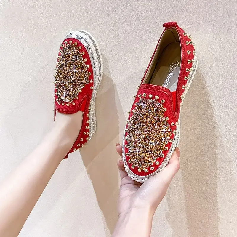 Low Loafers Whit With Crystals Rhinestone Ladies Shoes Lace Up Diamond Women Footwear High On Platform Urban High Quality Price