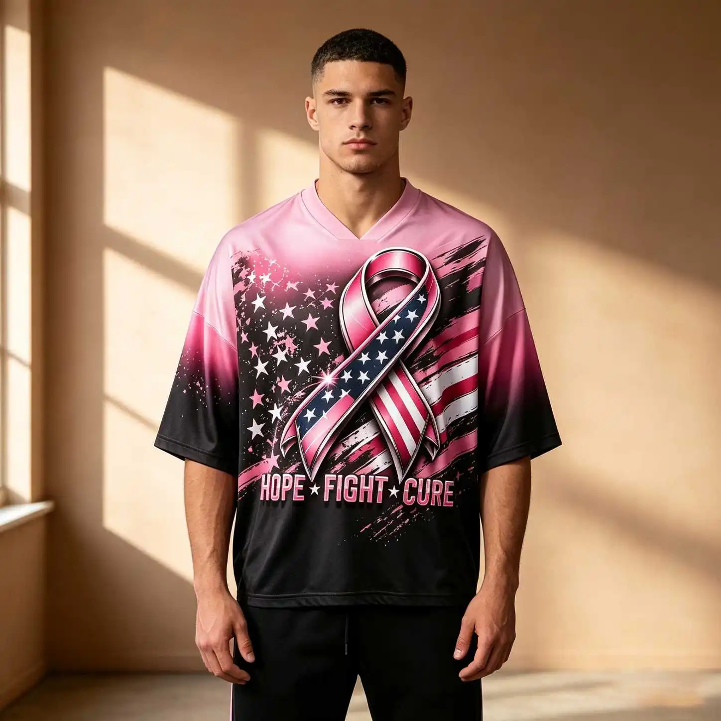 Hope Fight Cure Ribbon Print Supportive Men Oversized V Neck Elbow Sleeve Tee, Awareness Summer Casual Loose Fit