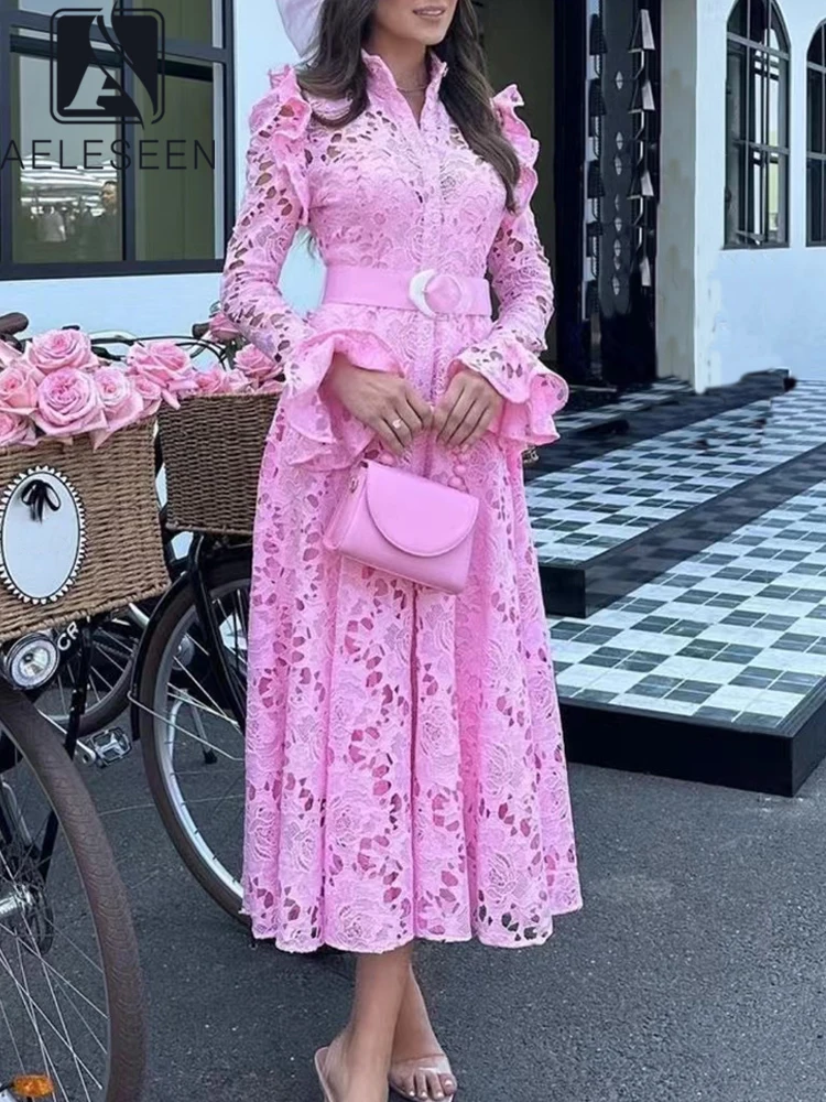 

AELESEEN Runway Fashion Long Lace Dress Women Spring Summer Flare Sleeve Single-breasted Hollow Out Pink Blue Belt With Lining