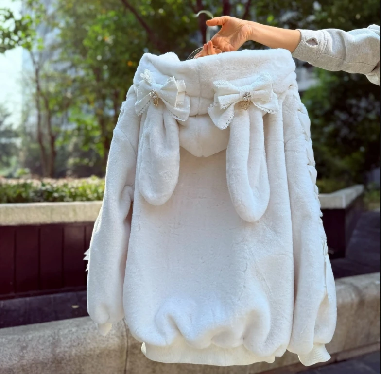 

Japanese Liz Plush Jackets New Winter Lace-up Bow Long Sleeve Rabbit Ear Hood Warm Fleece Coats Girl Women's Fur Jacket Overcoat