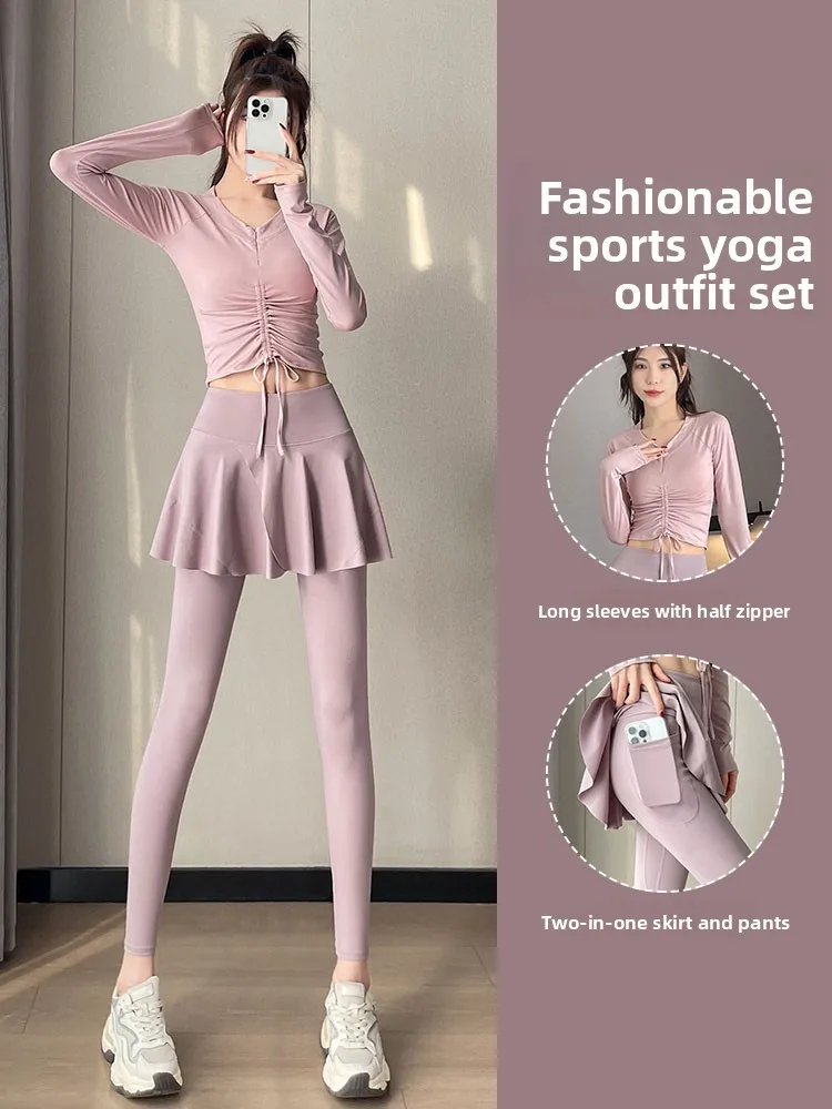 

Women's Pilates Training Yoga Clothes 2026 New Running Sport Set Badminton Fitn Skirt Morning Run Suit Long Sve round N...