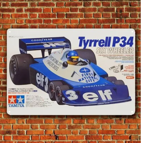 Metallposter, Auto-Maßstabsmodell, Blechschild, Plakette, Tamiya Tyrell P34 Six Wheeler – Aluminium