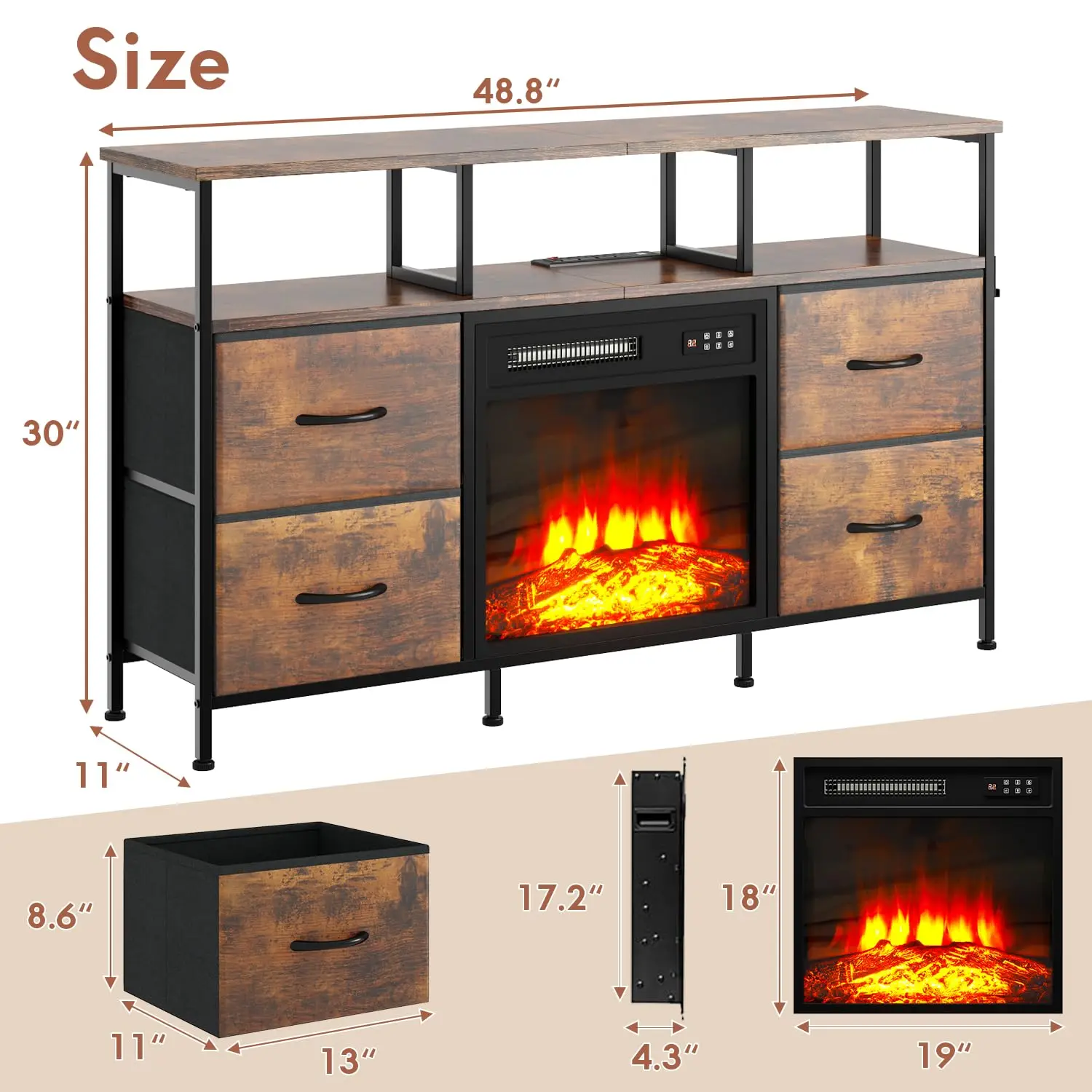 Fireplace TV Stand with 4 Fabric Drawers LED Lights & Power Outlets Open Shelf for 43-50 Inch TV Living Room, Customized