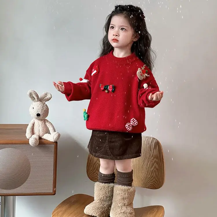 1-8Y Girls Winter Christmas Sweater 3D Bow Tree Elk Thicken Kid Girl Pullovers Joyful Round Collar Toddler Baby Girl Knitted Top