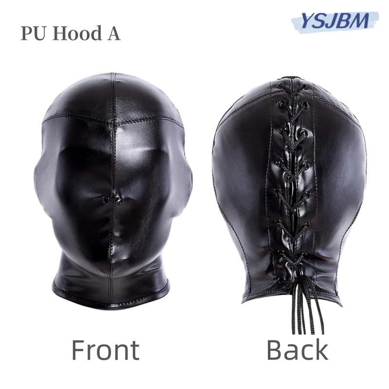 Sexy Bondage Hood Costume of Fetish Sensory Deprivation Wetlook Leather Mask with Handcuffs for Couple BDSM Role Play Sex Toys