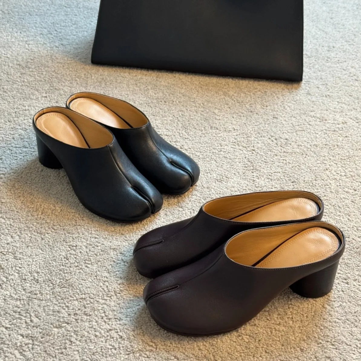 Women Leather Block Heel Shoes Slip-On Slippers Black Brown Casual Fashion Shoes Platform Leather Slippers Shoes Women Lady Heel