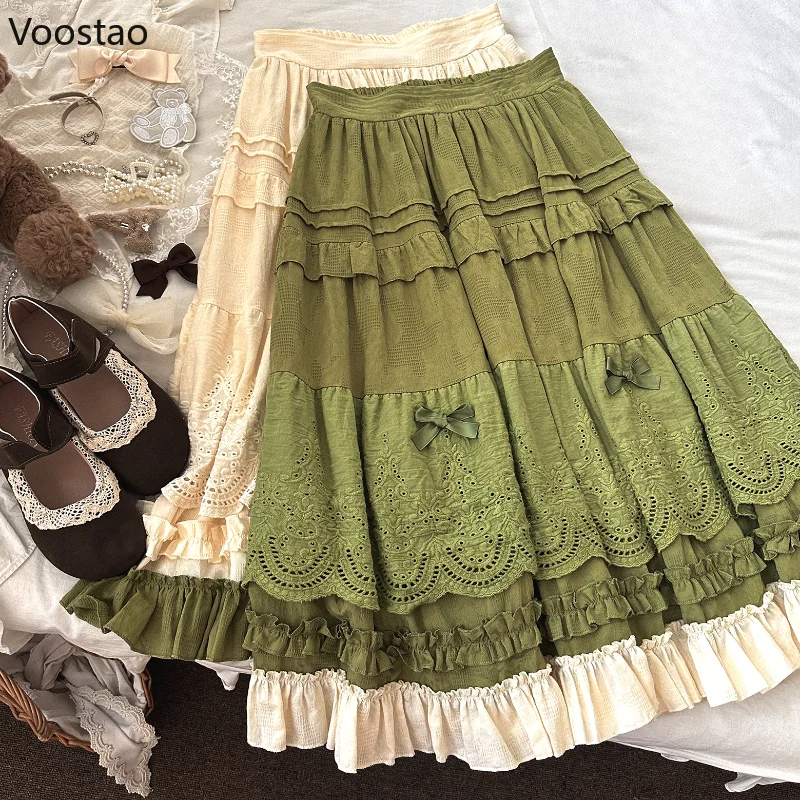 Mori menina estilo lolita midi saia feminina vintage bordado renda floral arco babados saias longas feminino pradaria chique festa saia