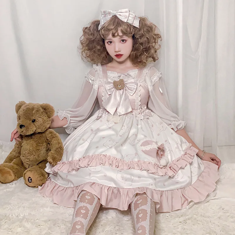 

Lolita Dresses Women Kawaii Jumper Skirts Girls Miads Pink Princess Sweet Tiered Dress Japanese Harajuku Cosplay Costume Dress