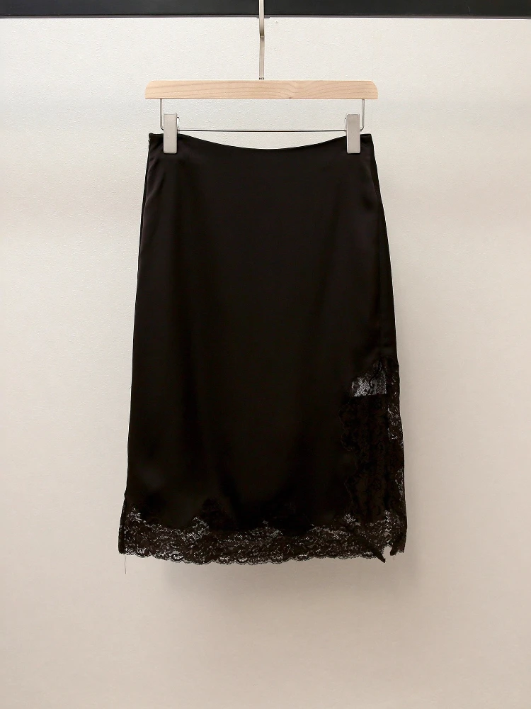 High End Women's Autumn New Style French Sexy A-line Lace Patchwork Mid Size Satin Skirt