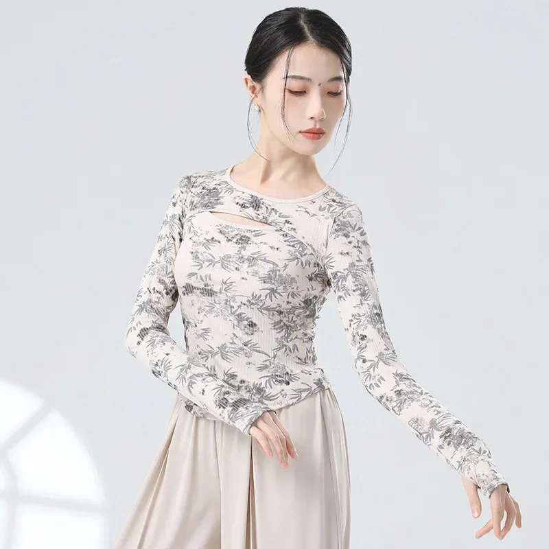 New Chinese Classical Dance Women Top 3D Bamboo Leaves Splashed With Ink Modern Dance Practice Hollow Out Long Sleeve Outfit