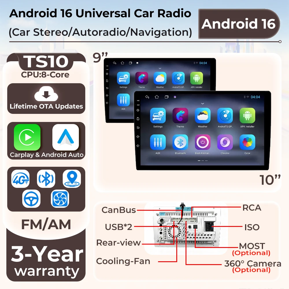 Universal 9/10 inch Android head unit with wireless CarPlay