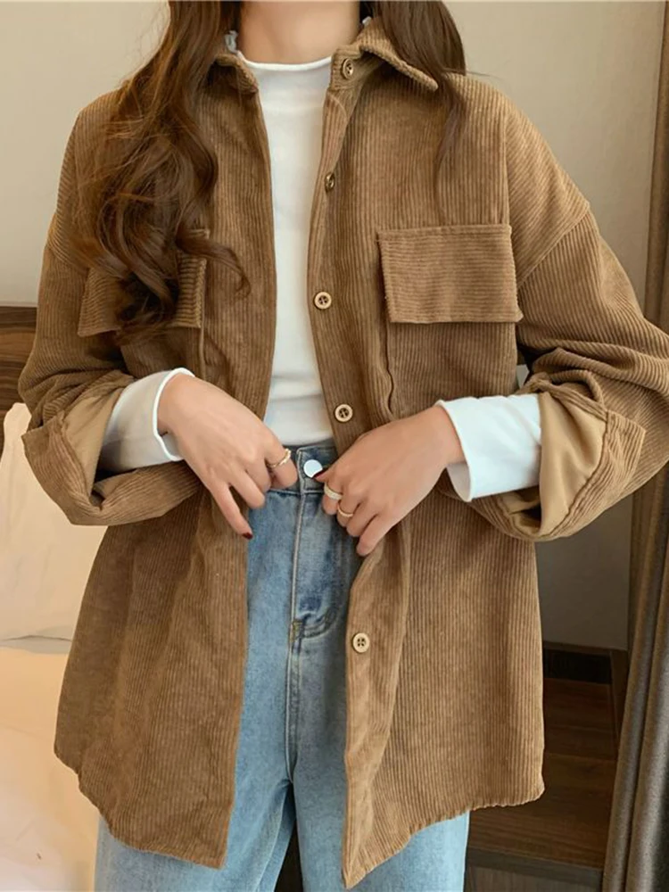 

Korean Loose Button Up Shirts Casual Women Corduroy Shirts Fashion Pockets Long Sleeve Spring Ladies Tops Solid
