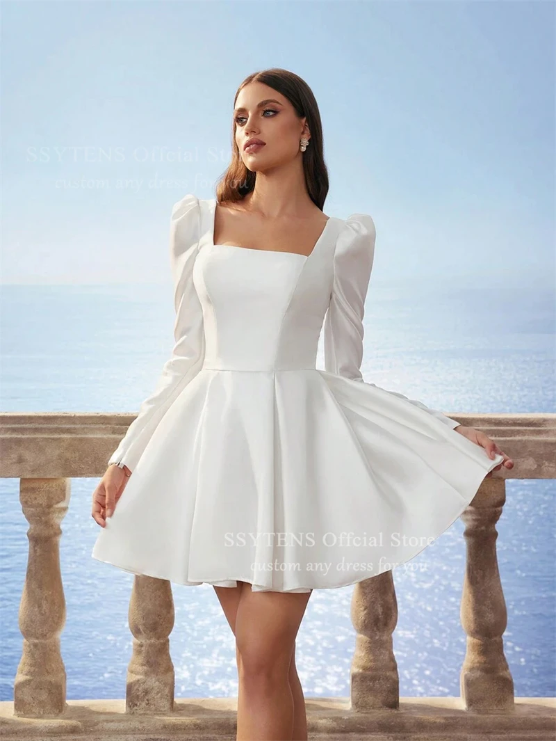 SSYTENS Simple Long Sleeves Ivory Mini Wedding Dress A Line Square Neck Bride Dresses Stain Short Wedding Gowns 2026 Customized