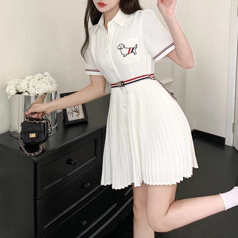 High Quality Korean Fashion TB Puppy Embroidered Polo Neck Fashion Casual Dress 2023 Summer Preppy Style Women's Pleated Skirt