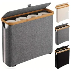 Bamboo Toilet Paper Holder with Lid - Rectangular Bathroom Organizer Basket for Tissues & Accessories