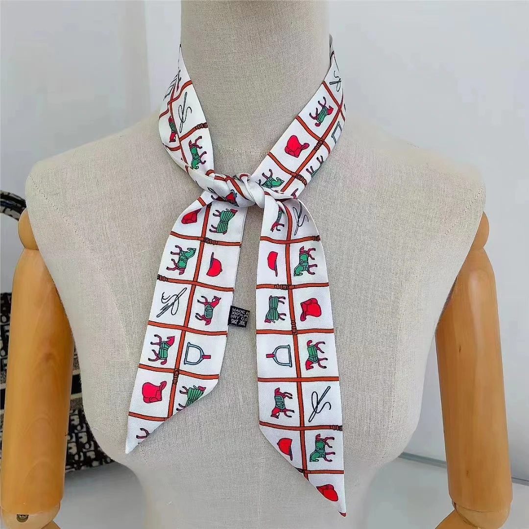 Fashion Skinny Scarf Women Luxury Brand Lattice Horse Print Small Silk Scarf Women\'s Bag Wrap Scarf Foulard Hairband Headband